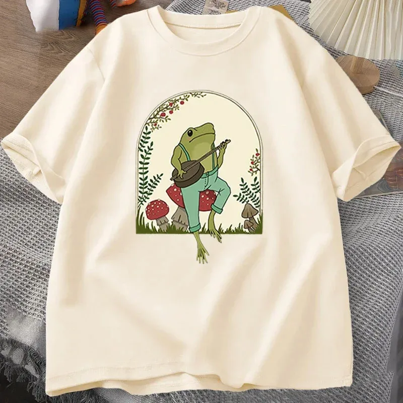 Cute Cottagecore T-shirts Aesthetic Frog Playing Banjo on Mushroom T Shirt Men Summer Cotton Short Sleeve Tee Shirt Mens Clothes