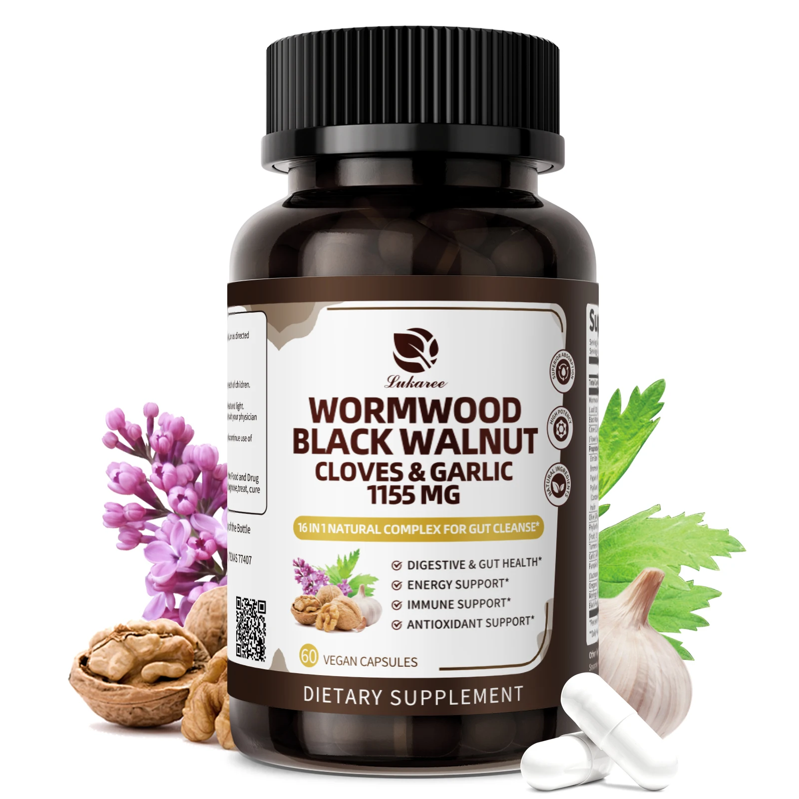 Wormwood Black Walnut Lilac Capsules - Cleaning, Gut Support Supplement, 60 Non GMO Capsules 98% Absorption,Vegan Gluten-Free