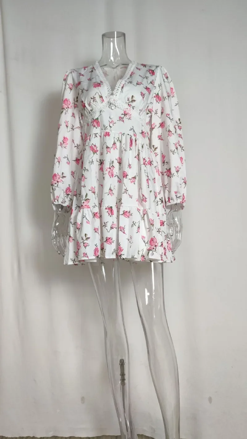 Summer Lace V Neck Floral Dresses Women Long Sleeve Lantern Sleeve Mini Dress Elegant Sweet Casual Pullover Dresses New Fashion