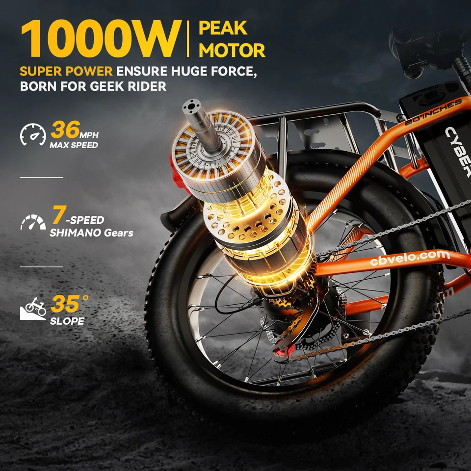 Cybervelo 1000W Peak High-speed Brushless Folding 20 Inch Fat Tire Electric Bike for Adults 48V 20.8Ah/50Ah Removable Battery 80 Miles Range Commuter E-Bicycle EK4 image 14