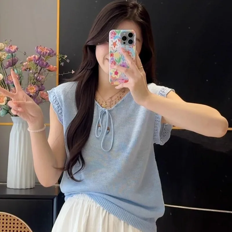 

Красивая женская одежда, летняя модная повседневная однотонная женская универсальная тонкая открытка с коротким рукавом и круглым вырезом на шнурке