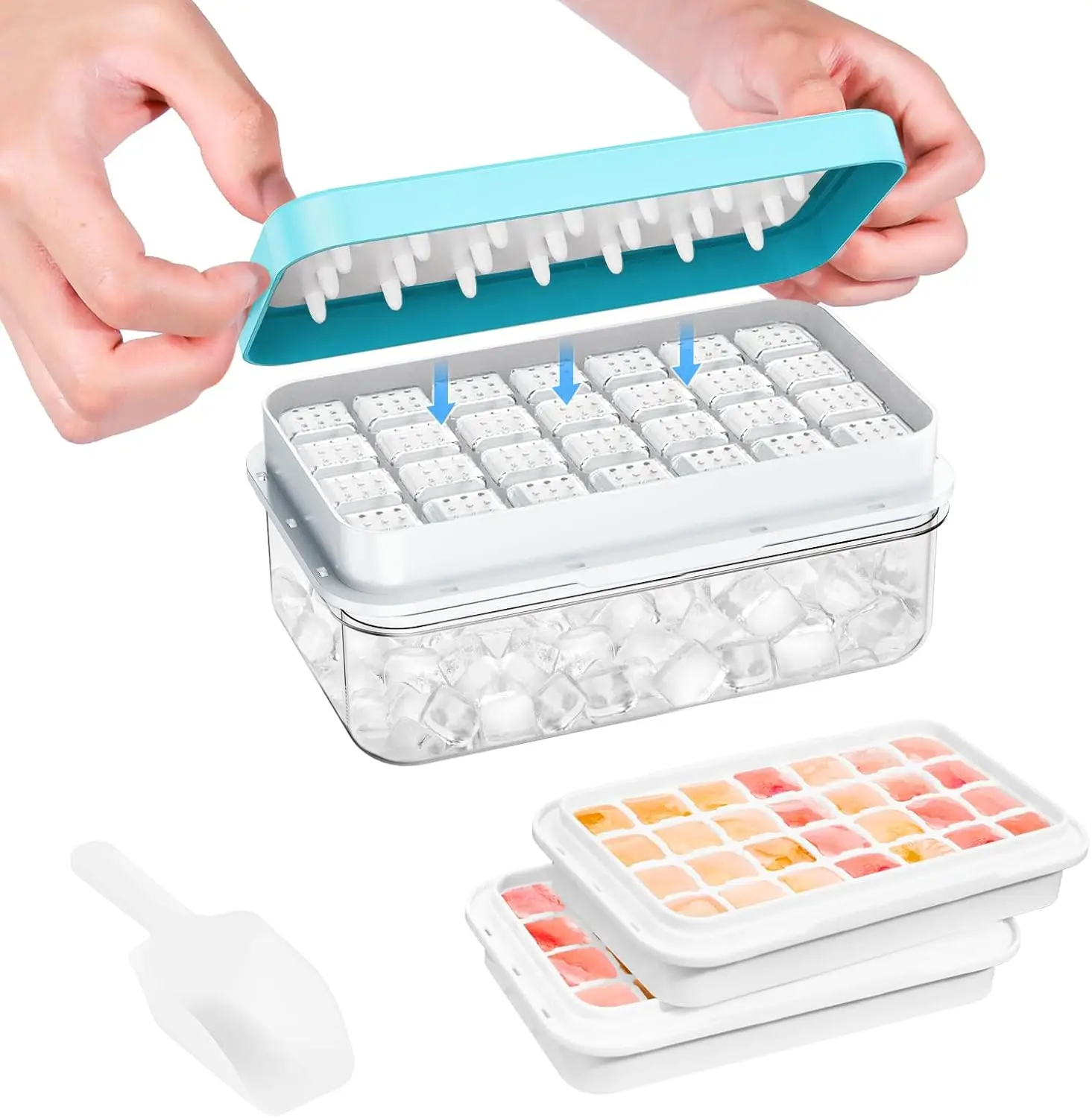 

Ice Cube Tray with Lid and Bin, PHINOX 56 pcs Ice Trays for Freezer, Ice Cube Trays for Freezer with 2 trays, Container, Lid & Ice Scoop, BPA Free