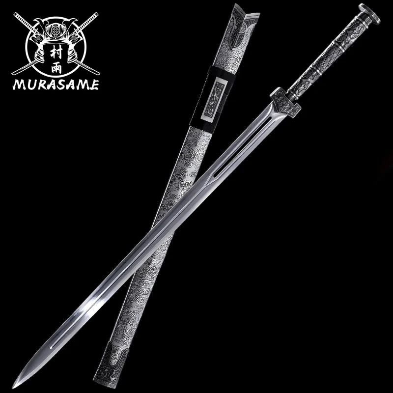 Handmade Chinese Han Jian Real Manganese Steel Hollow Blade Alloy Hilt Wrapped Dragon Leather Scabbard Katana Collectible Sword
