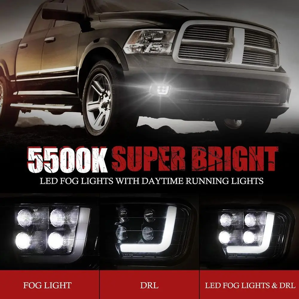 زوج من مصابيح الضباب LED مع أضواء النهار الجري لدودج رام 2009-2014، عوارض البقعة والفيضانات، استبدال DRL من النوع L