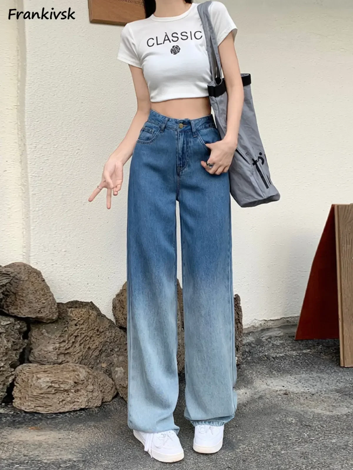 

S-5XL Jeans Women Gradient Colors Spring Summer All-match Fashion Baggy Ladies Denim Trousers College High Waisted Korean Y2k