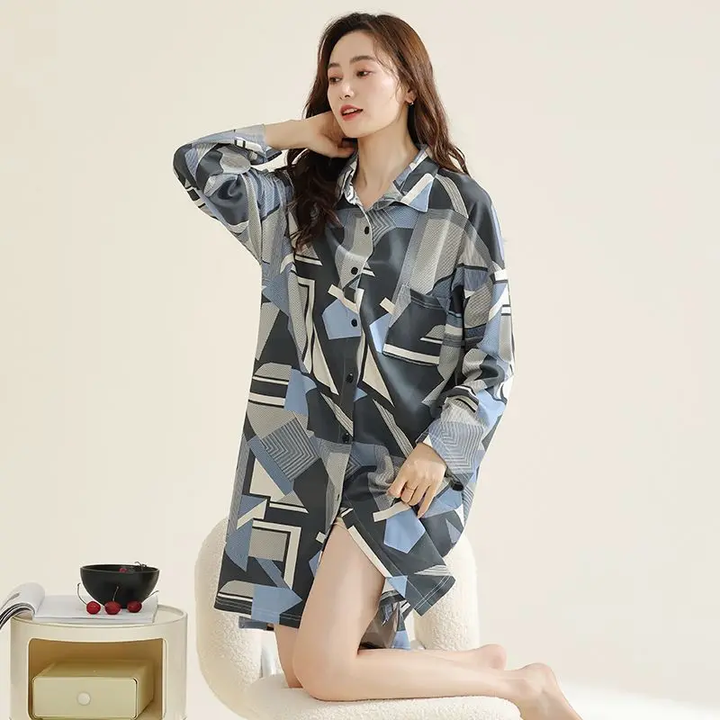 Long-Sleeved Nightdress 2024 New Women's Mid-Length Loose Large Size Pajamas Spring Autumn Female Thin Casual Cardigan Sleepwear