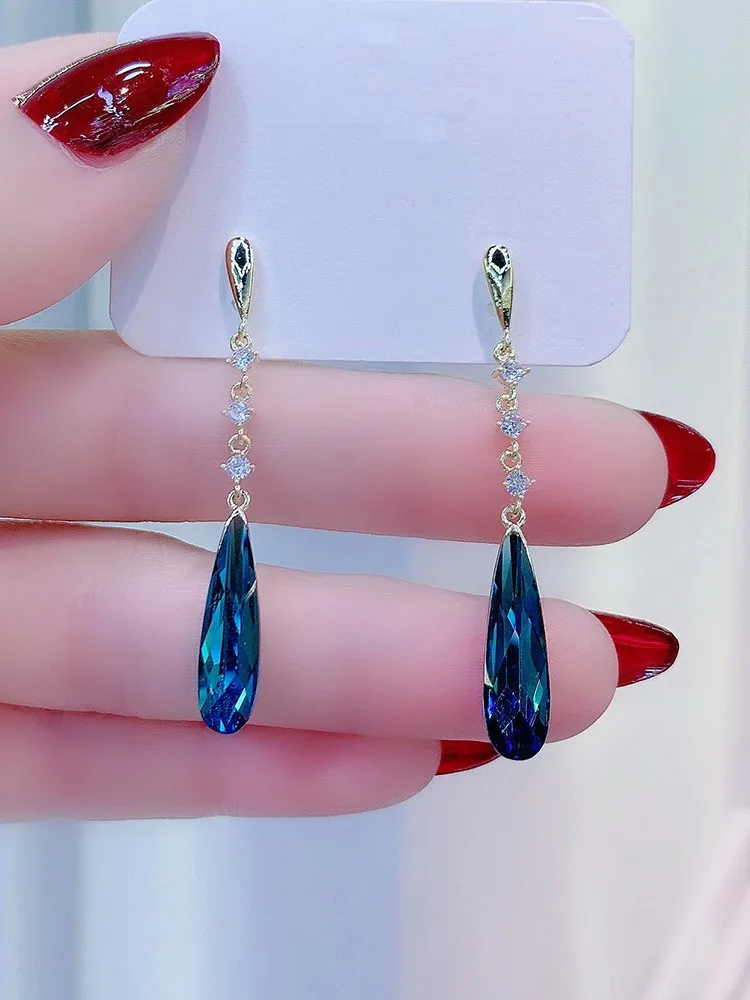 Trendy Shiny Blue Crystal Dangle Earrings For Women Fashion Simple Water Drop Pendant Earring Girl Party Wedding Jewelry Gifts