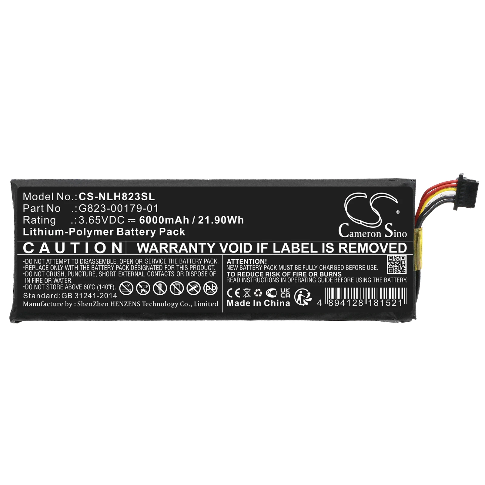 CameronSino Replacement Li-Polymer Battery G823-00179-01  GS25 for Nest Doorbell  GQ STYLE AC  GWX3T 3.65V 6000mAh / 21.9Wh