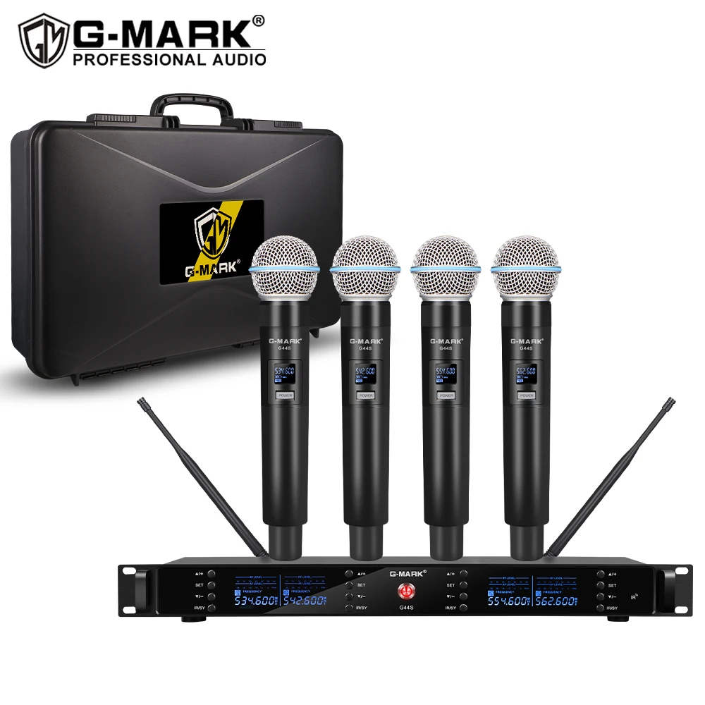 Microphone Wireless G-MARK G44S 4 Channels Metal Body Frequency Adjustable For Karaoke Stage Church Party Show With Suitcase