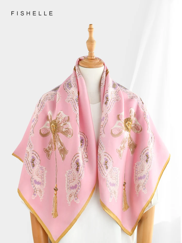 New pink lady style printed natural silk square scarf women spring autumn real silk twill scarves luxury adults shawl