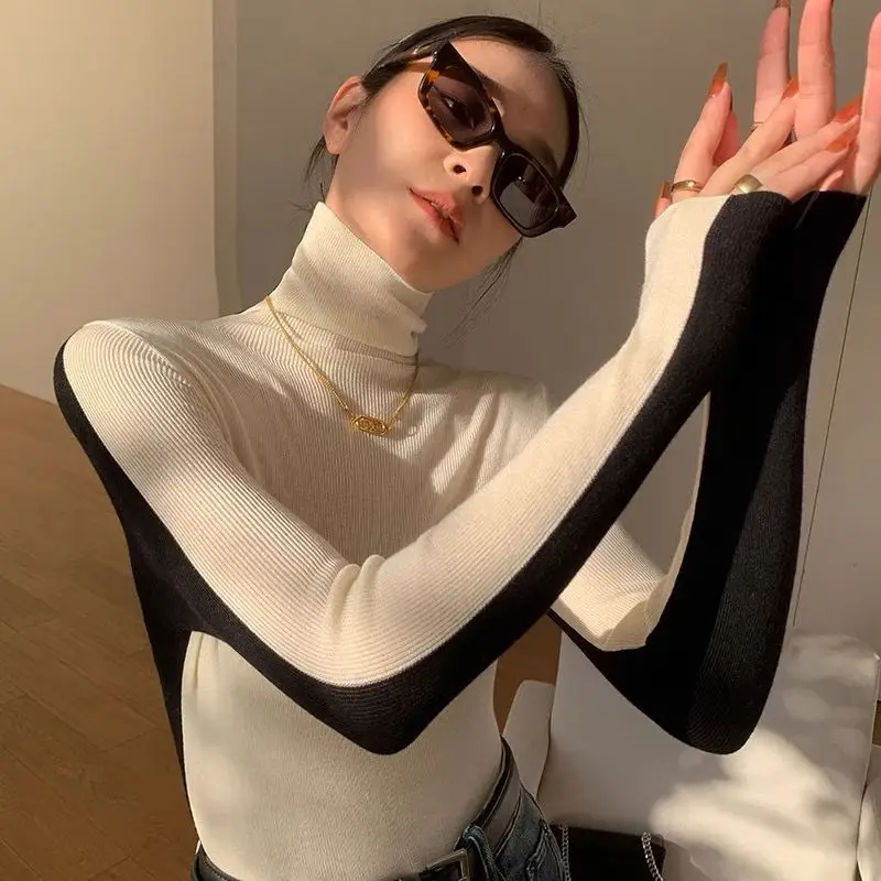 Women Solid Turtleneck Thin Soft Long Sleeve Women T-shirt High Stacked Neck Tight Perspective Jumpers Sexy Slim Sweaters