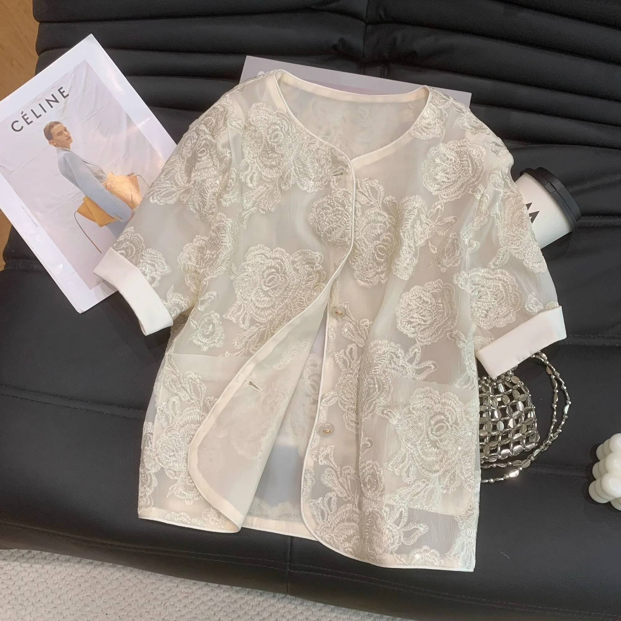 Camicette retrò ricamate Camicie larghe a maniche corte jacquard da donna Top vintage in stile etnico cinese