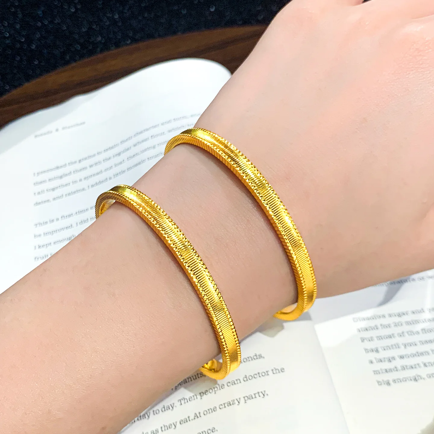 women tassel bead vertical stripe open gold bangle produced from 24K pure gold AU999 fits low-key office daily matching.