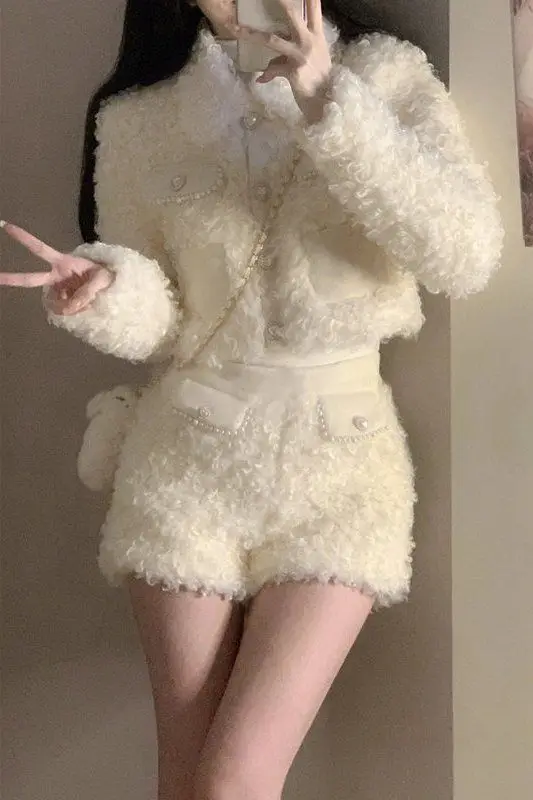 

French Chic Shearling Two Piece Set 2025 Fall Winter Slim Fit Short Pants Elegant Boutique Warm Coord Women's Fashion Outfit