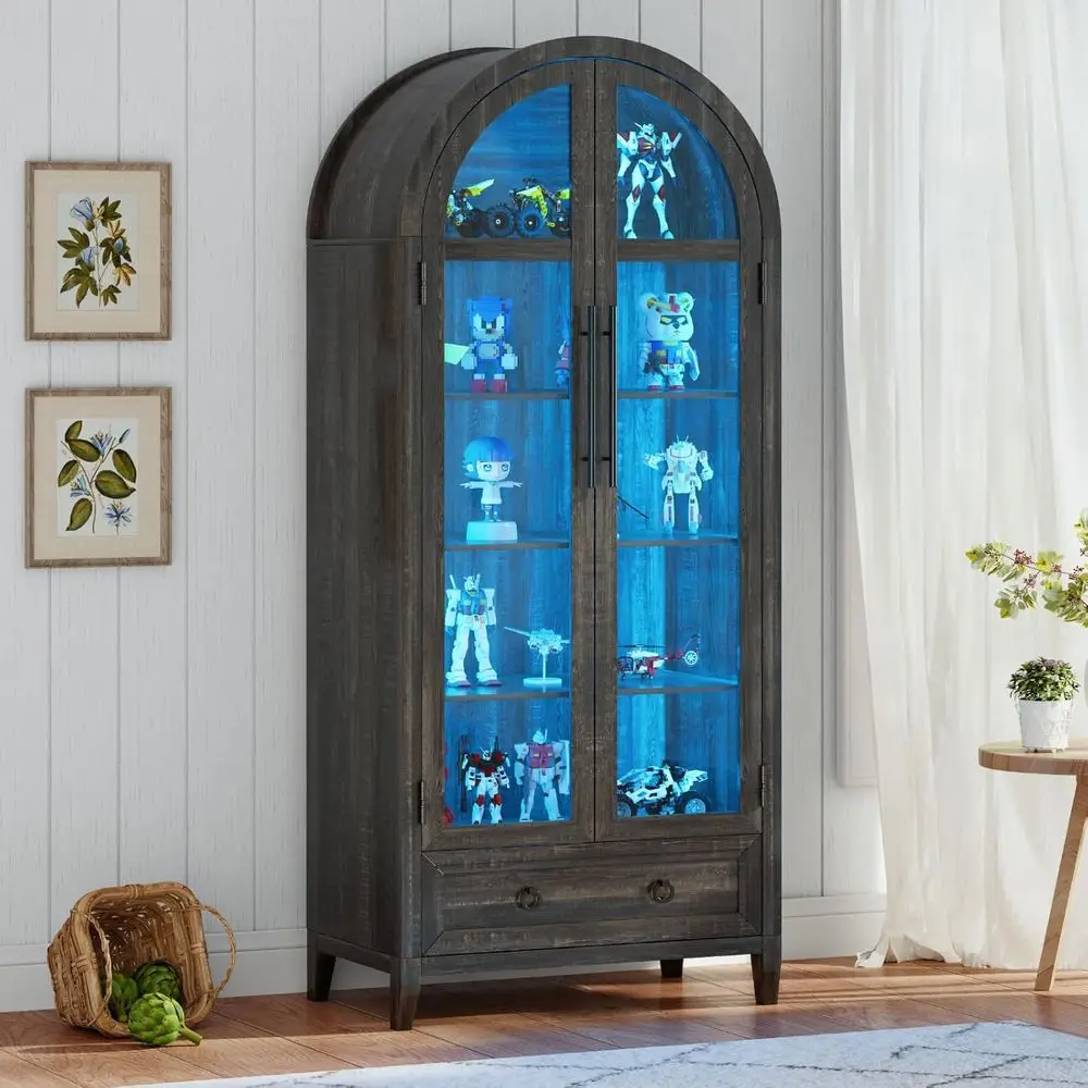 73 Arched Glass Display Cabinet with 4-Tier, Human Body Sensor, LED Lights for Collectibles, Adjustable Shelves, Brown