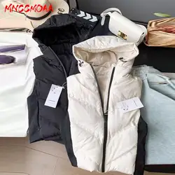 MNCCMOAA-Women's Loose Hooded Zipper Vest, Female Waistcoat, Coat, Casual Sleeveless Tank Top, Autumn and Winter Fashion, 2024