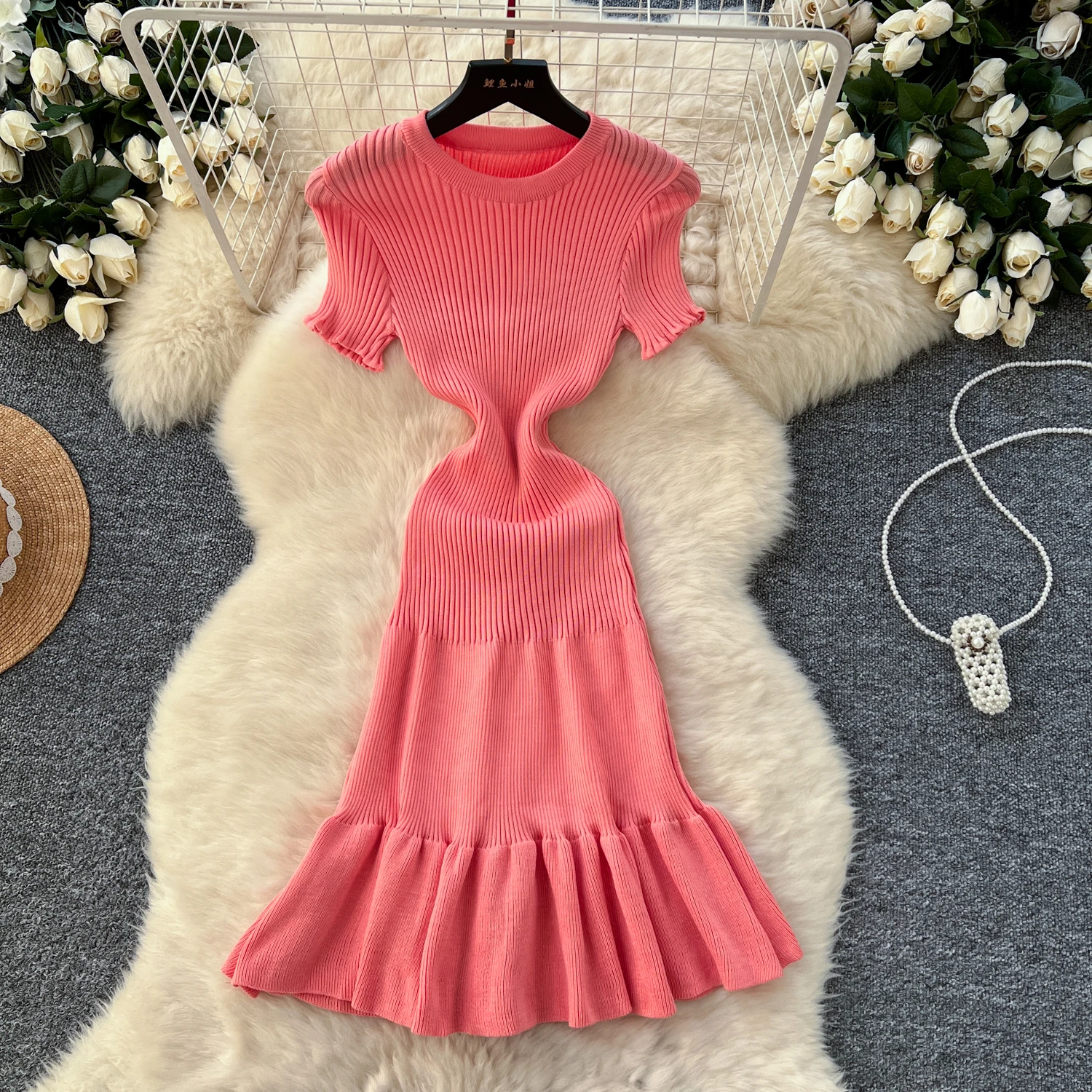 Chic O-neck Vintage Short Sleeve Elegant Ruffles Slim A-line Knitted Dresses Korean Fashion Evening High Street Autumn Clothing