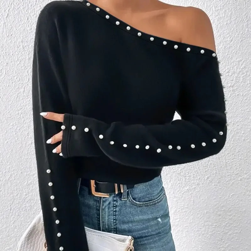 One Shoulder Tees Tshirts Skew Neck Trend Crossbody Pearl Top Tshirts Women Long Sleeve Casual Sexy Pearls Decor Tops Tshirts