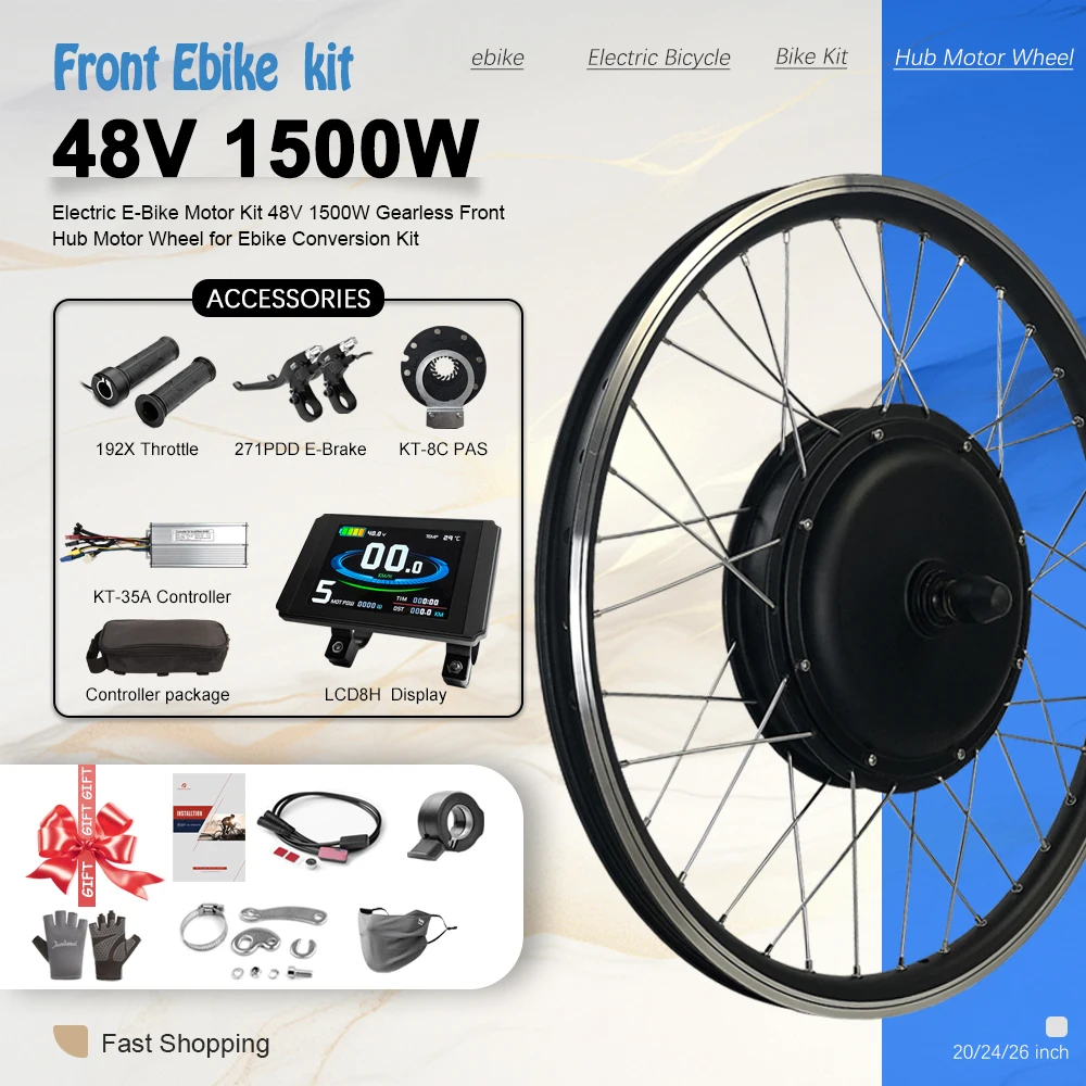 

48V 1500W Electric Bike Conversion Kit dropout 100mm Front Hub Motor Wheel with KT Color Display 20-29inch 700C for E-bike Kit