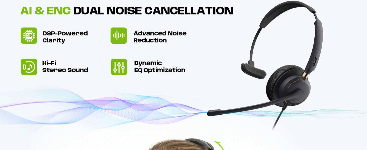 Acer USB-A/C & 3,5-mm-Stereo-Kabelgebundene Computer-Headsets mit Geräuschunterdrückendem Mikrofon und In-Line-Steuerung, kompatibel mit Teams, Zoom, UC – Detail 3