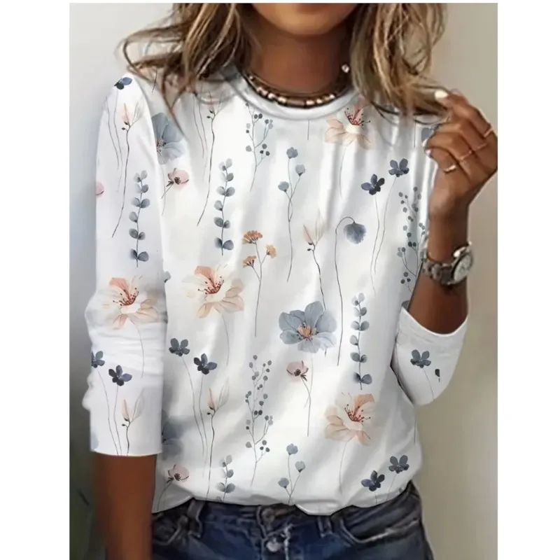 Spring and Autumn women\'s round neck pullover long sleeved T-shirt elegant and fashionable floral print T-shirt womens new style