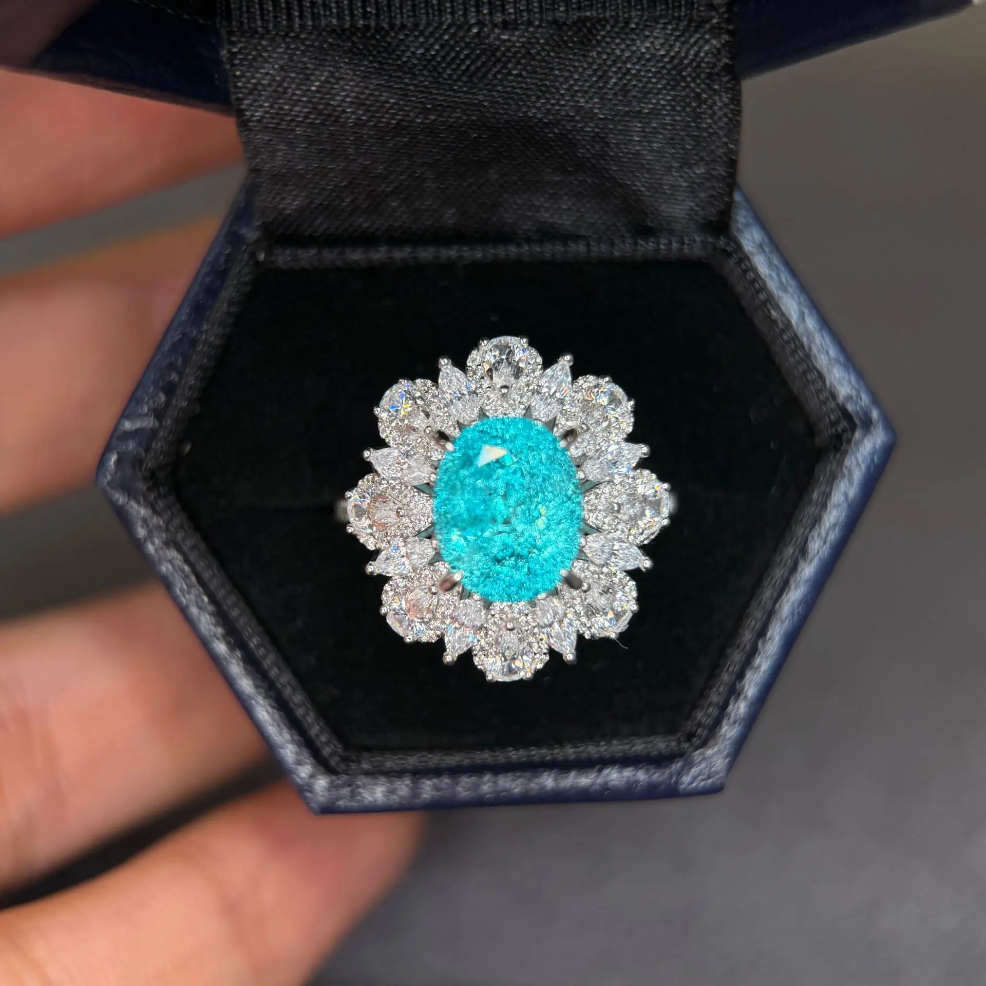 Lab‑Grown Paraiba Gemstone 4.76CT S925 Sterling Silver Statement Ring Engagement Daily Luxury Jewelry For Men And Women