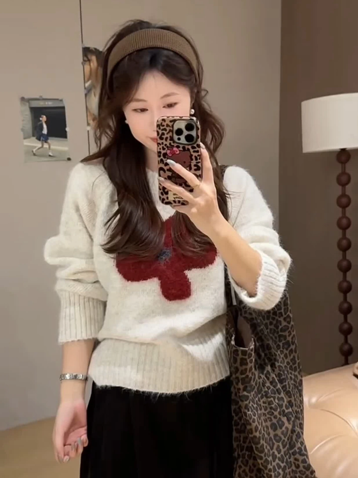 

Loose round Ne Knitted Sweater Women's Autumn Winter Flower Patterned Color Blo Korean Sle Lazy Top Casual Commute Sle