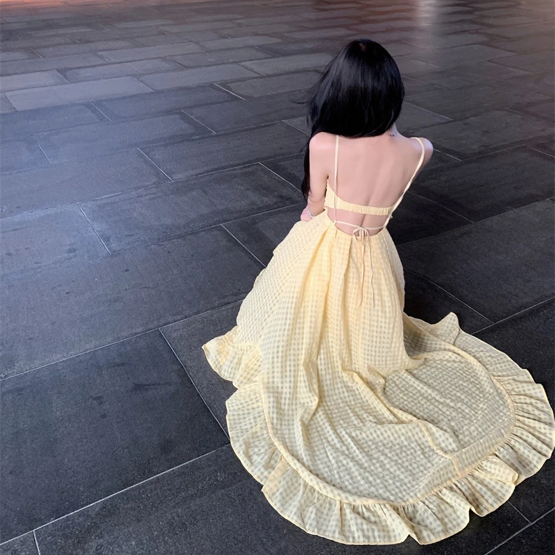 Gidyq สีเหลืองลายสก๊อตวันหยุดชุดผู้หญิงเซ็กซี่ชายหาด Backless Camis ฤดูร้อน Chic ไม่สม่ําเสมอสปาเก็ตตี้ Vestidos ใหม่
