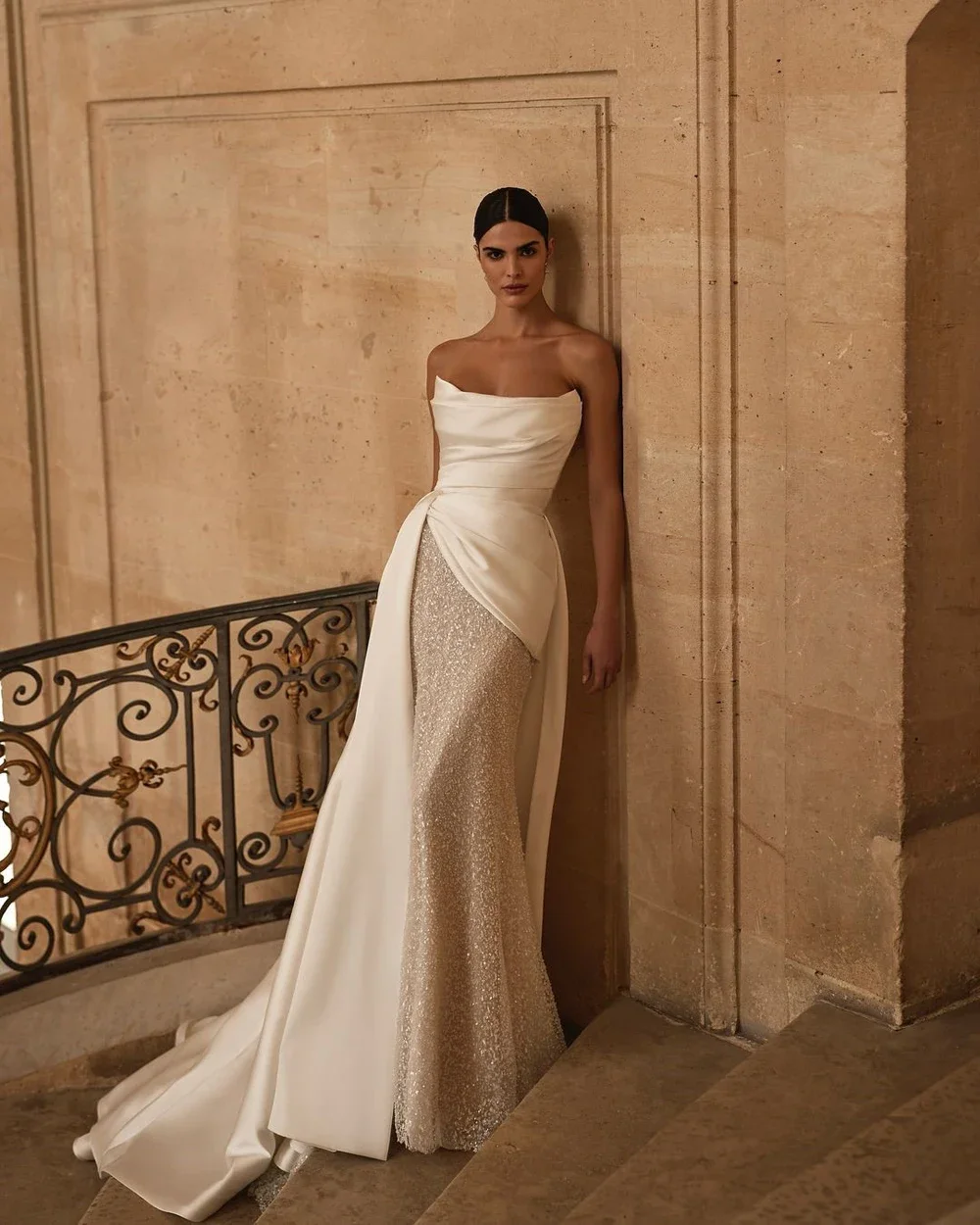 Customized Simple Strapless Mermaid WeddingDress Shiny Sequin Beading Satin Detachable Train Pleat Bridal Gown Vestido De Novia