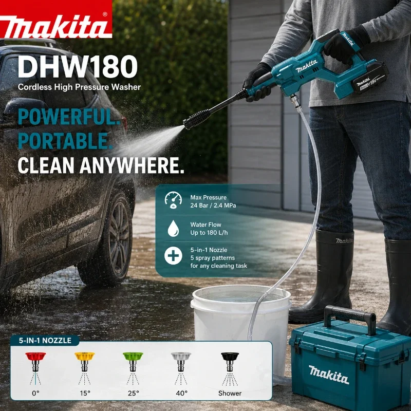 Original Makita DHW180 Kabelloser Hochdruckreiniger 18V Tragbarer Reiniger Drahtlose Wasserspritzpistole für Autowäsche, Garten, Terrasse, Außenreinigung Kompatibel mit Makita 18V LXT Akku BL1830