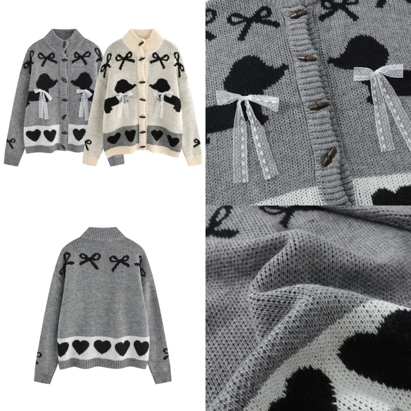 

Bow Tie Sweater Dog Cardigan Women FP Autumn Winter KoreaY2K Kawaii Sweet Hollow Out Loose High Street O-Neck Long Sleeved Top