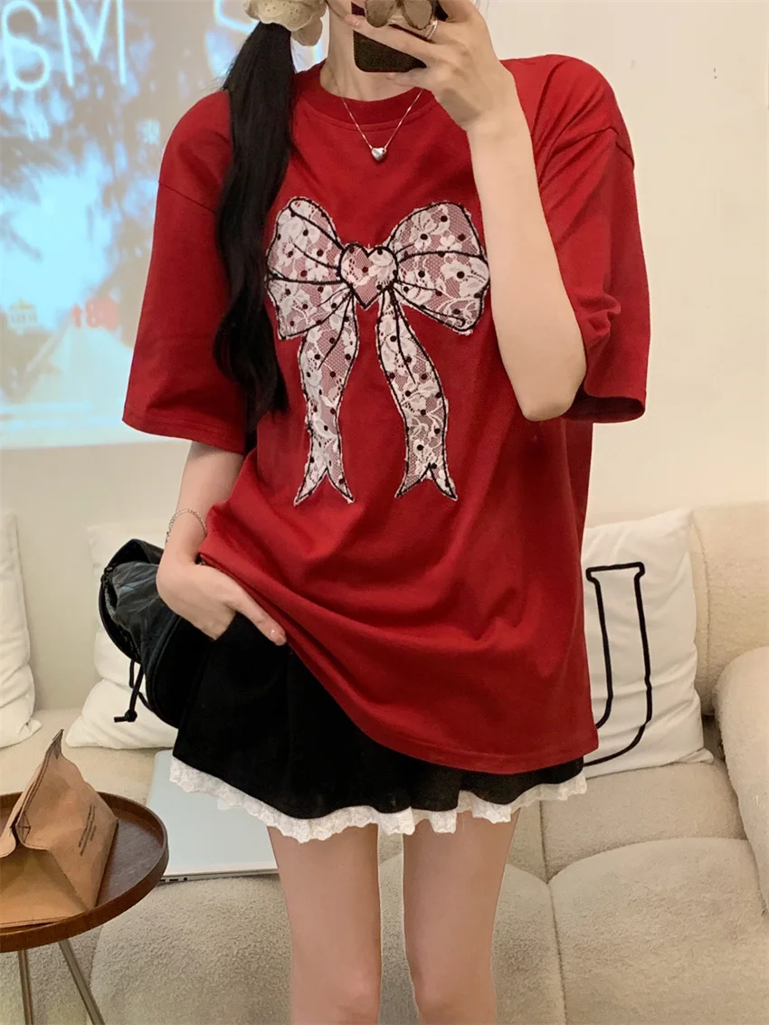 PLAMTEE Casual Red T-Shirts Women Chic Loose Summer 2024 Half Sleeve New Office Lady Fashion Lace Shorts High Street Sports