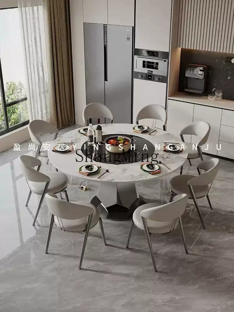

HJ rock slab dining table household small apartment modern simple multi-functional with warm vegetable turntable