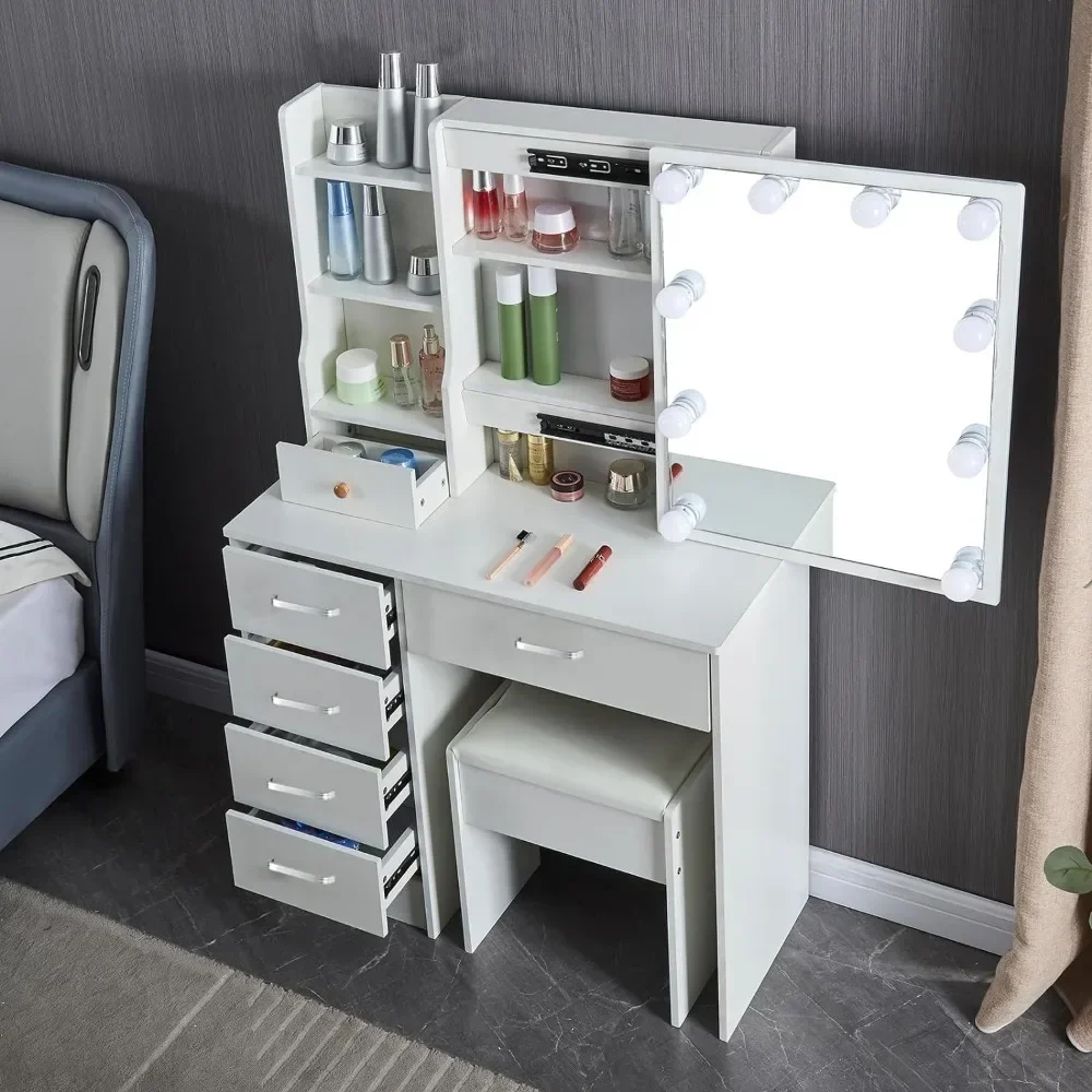 

For 10 Lights and Mirror, 6 Storage Shelves, 3 Lighting Modes Vanity Set Brightness Adjustable, 6 Drawers Dressing Table
