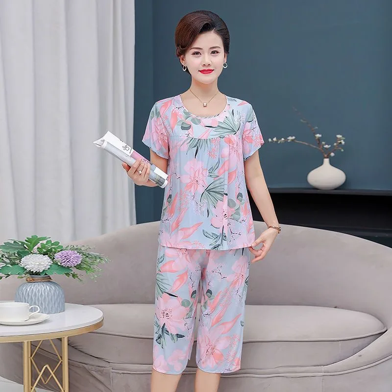 Middle Aged Mother Sleeping Pajamas For Women 2 Piece Set Outfit Round Neck Suit Summer Short Sleeve Sleepwear T-shirt Two-piece