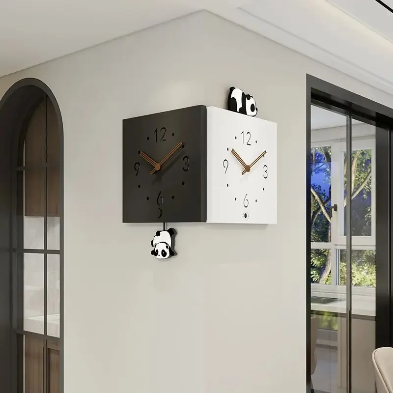 Metal Square Silent Wall Clock Solid Color Swingable Panda Living Room Corner Wall Clock Wood Pointer Simple Creative Home Decor