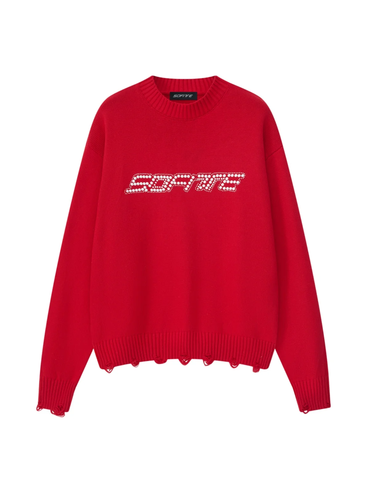 SOFITTE Red Pearl Logo Waed Destroyed Cotton Sweater round Ne Faionable Letter Print ex Autumn Winter Street Sle