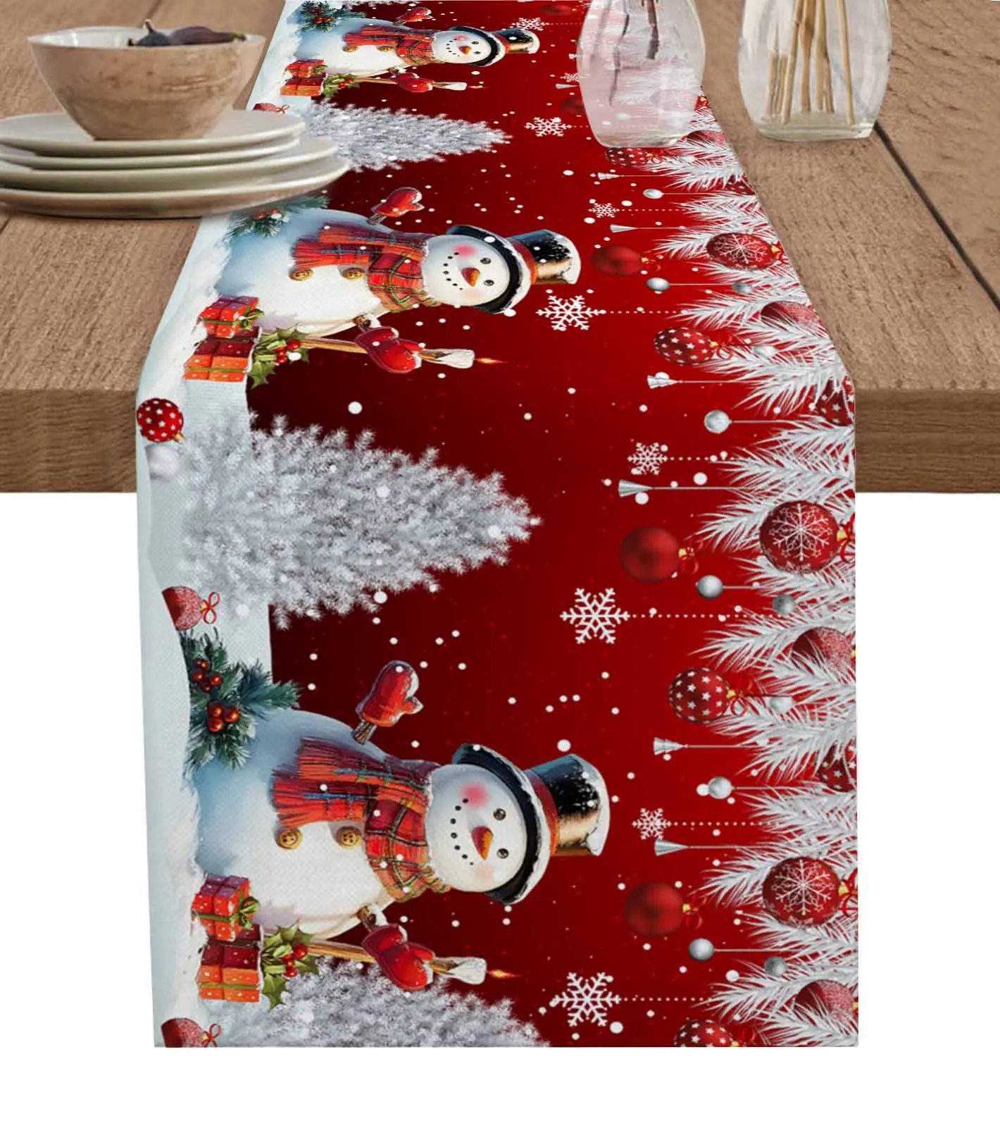 Snowman Christmas Tree Silver Cedar Leaf Ball Modern Linen Cotton Table Cloth Decoration For Home Wedding Christmas Party