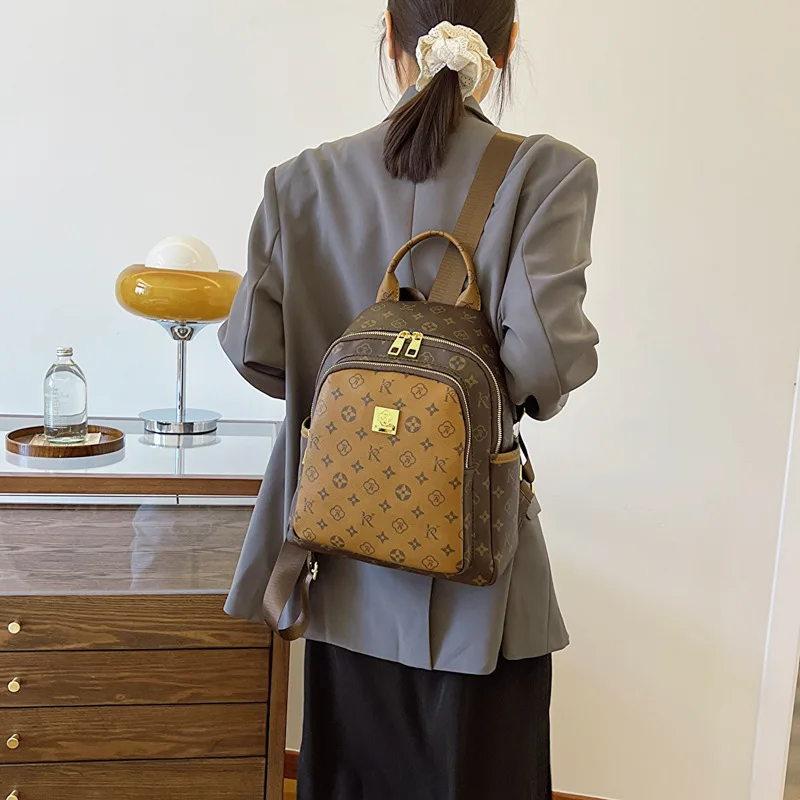 

2025 Vintage Backpack for Women - Large Capacity Retro Travel Bag with Monogram Print, Stylish Commuter Rucksack
