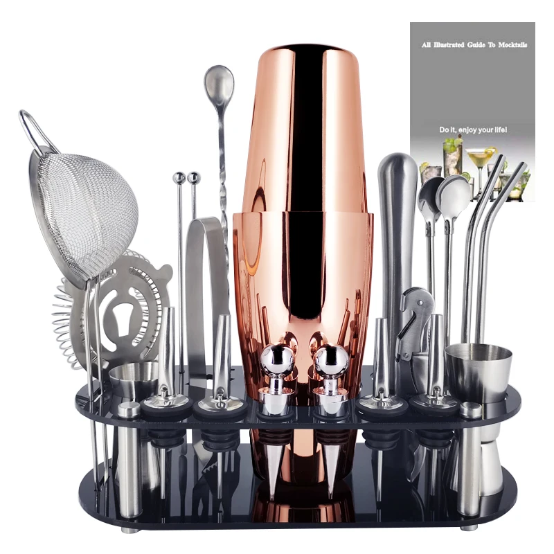 22Pcs Stainless Steel Shaker Cocktail Boston Cocktail Shaker Set Kit Snow Bar Tools MixerJigger Muddler Spoon Ice Tong Holder