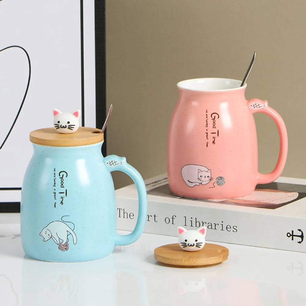 

Cute Japanese Style Cartoon Cat Mug 450ml Ceramic Coffee Mug with Wooden Lid with Spoon Iced Yogurt Cup Kids