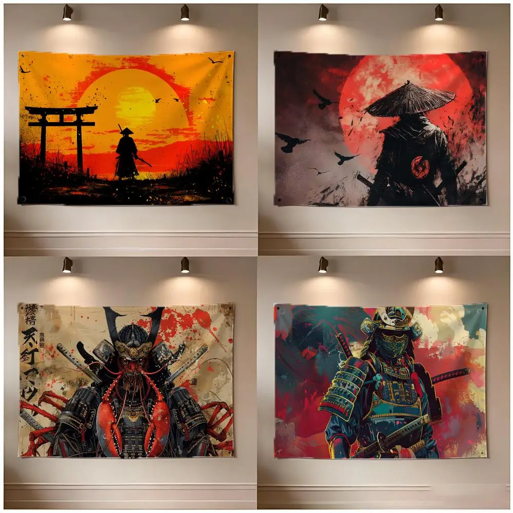Fierce Traditional Japanese Samurais Flags Borderless Four Ring Ornament Indoor Outdoor Decoration Quick Hang Install