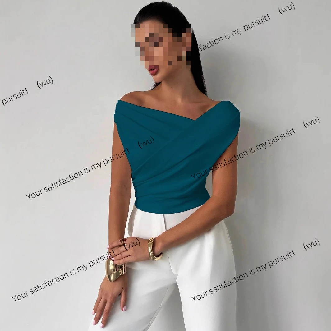 Solid color sleeveless T-shirt women's simple wind slanted shoulders slim and thin sleeveless short top