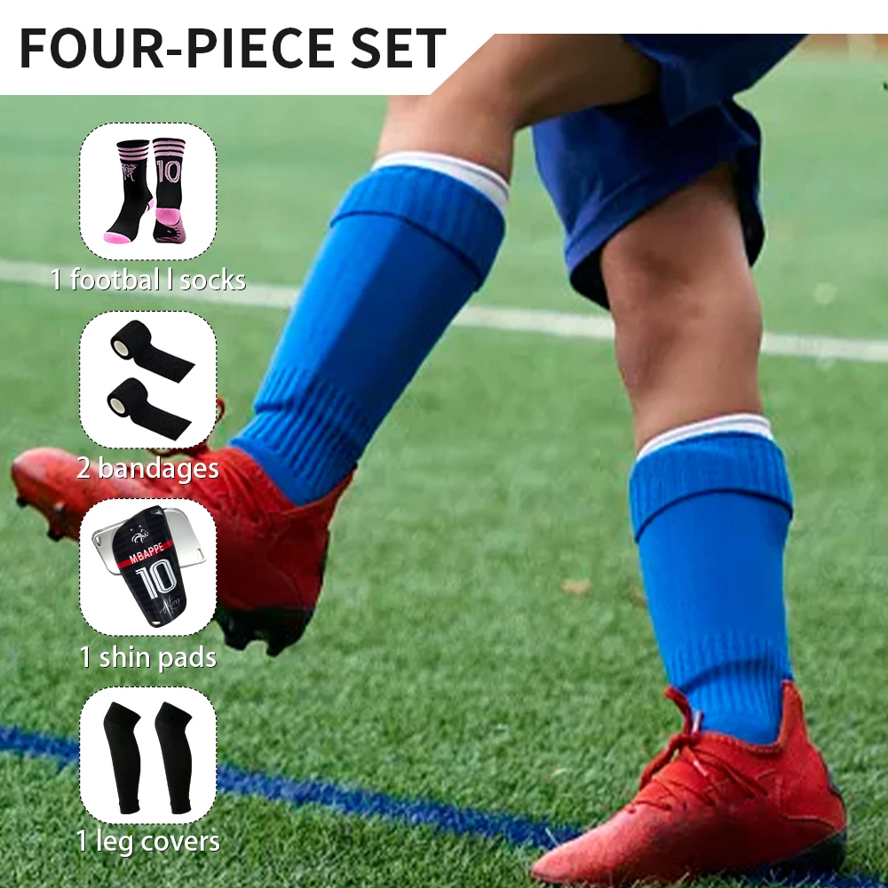 

4 Piece Set Men Women Non-slip Sports Football Socks Thickened Towel Bottom Sports Ball Bag Bandage Baffle Leg Guard