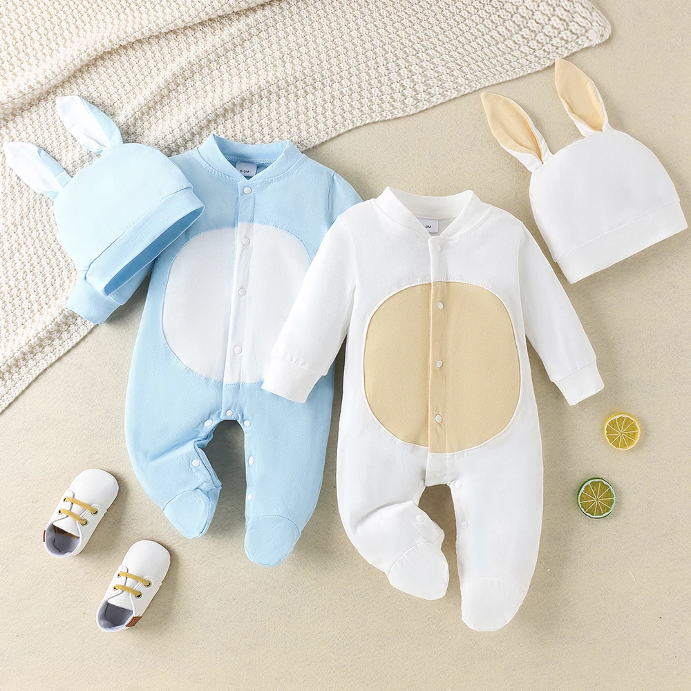 LAPA 0-18M 2Pcs Unisex Baby Set Autumn Long Sleeve Button Footies Jumpsuit+Rabbit Hat New Romper Baby Wrapped Foot Crawling Suit