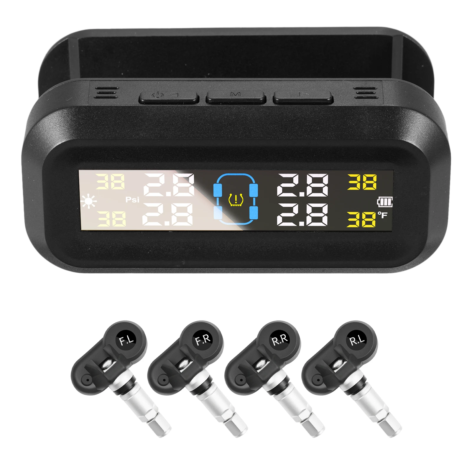 

Tire Pressure Monitoring System， Wireless Solar Tire Pressure Monitor Installed on Windshield with 4 Internal Sensors， Voice A