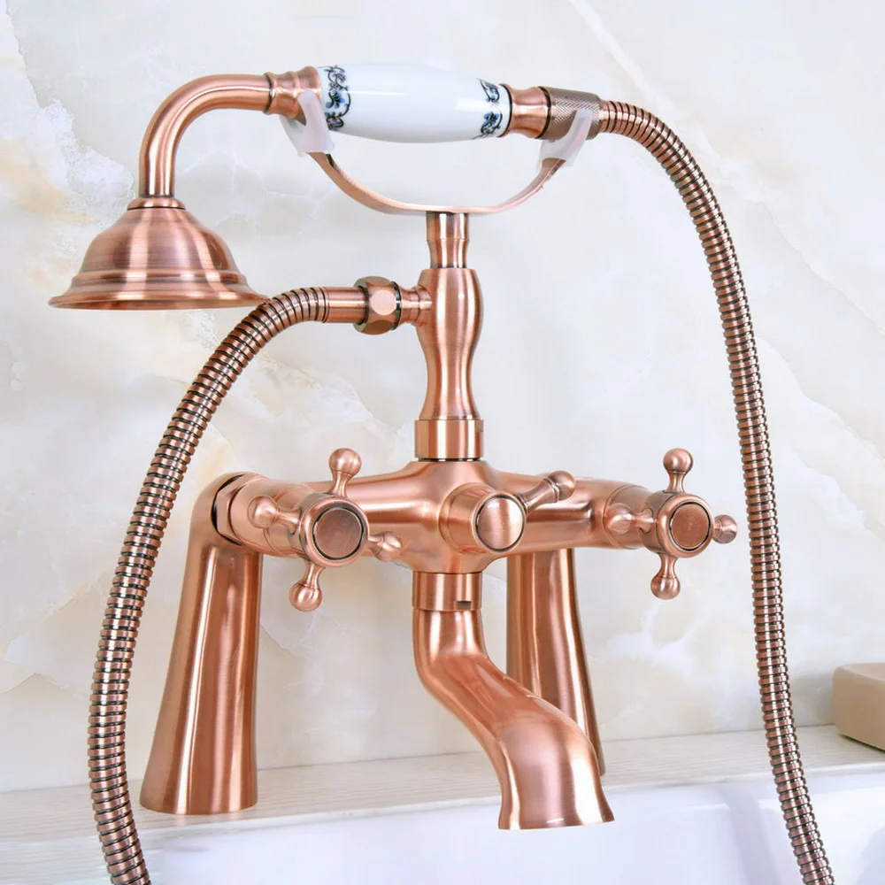 

Red Copper Bathtub Faucet Deck Mount Tub Mixer Faucet Dual Handle Hot and Cold Water Tap Telephone Style + hand shower