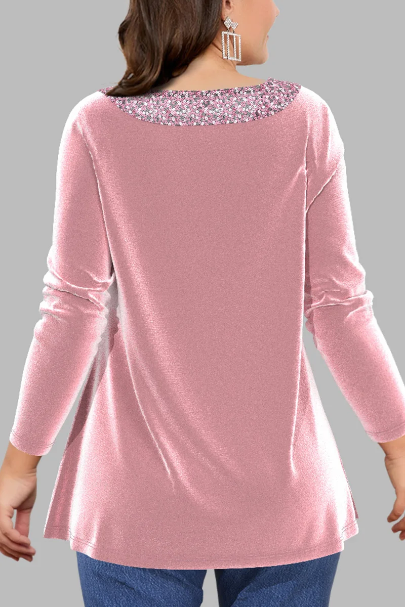 Plus Size Casual Pink Velvet Sequin Patchwork Square Neck Blouse Long Sleeve Tops Lady Elegant Spring Autumn Party Clothing