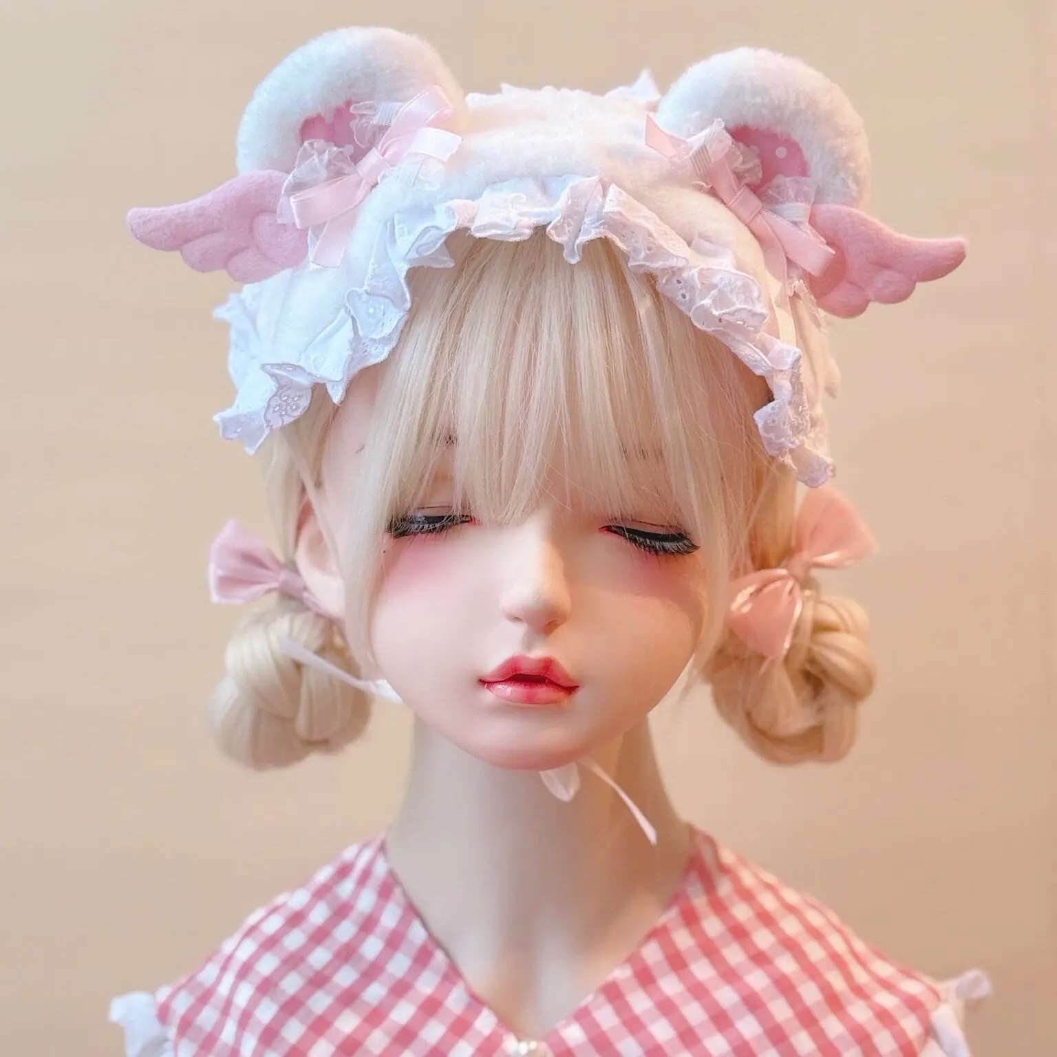 

Original Handmade Angel Wings Plush Bear Ears Headband Lolita Beast Ears Bnt White Pink Hair Accessories