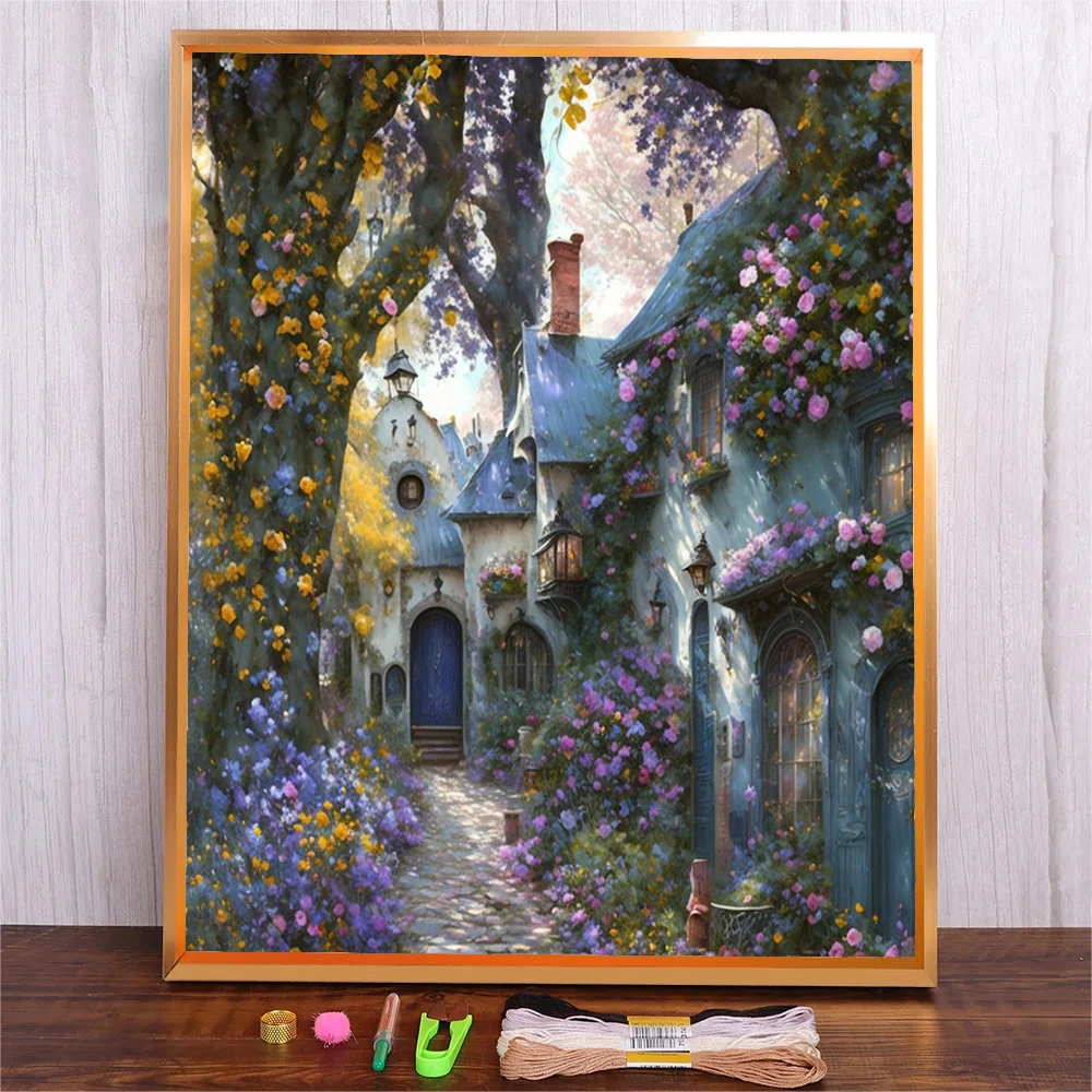 

Landscape DIY Cross Stitch Complete Kits Flower Building Embroidery Needlework Printed Fabric Needle Arts Craft Home Decoration